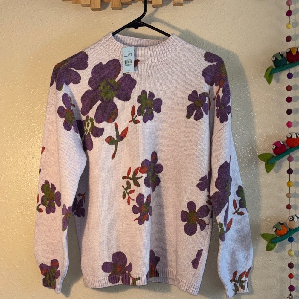 NWT LOFT Lavender color floral mock neck sweater in a cotton blend extra soft